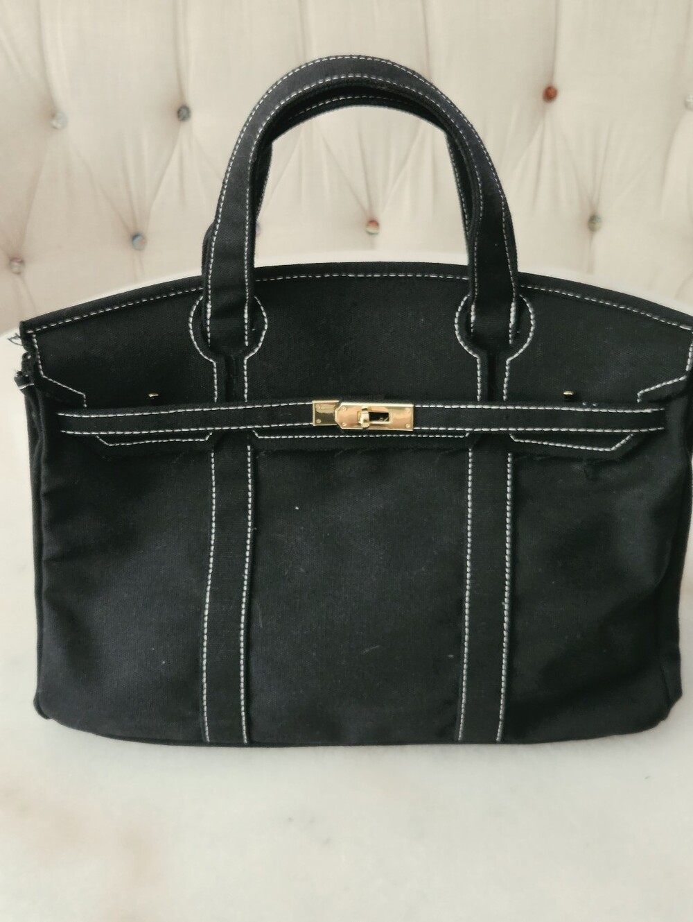 Black Canvas Boatkin Tote With White Stitching And Gold Hardware - Picture 3 of 16